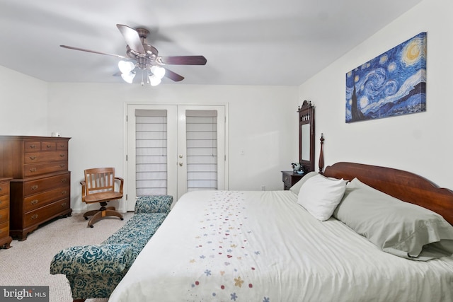 bedroom featuring ceiling fan, french doors, and carpet flooring