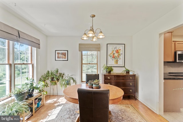 dining room with an inviting chandelier and light hardwood / wood-style flooring