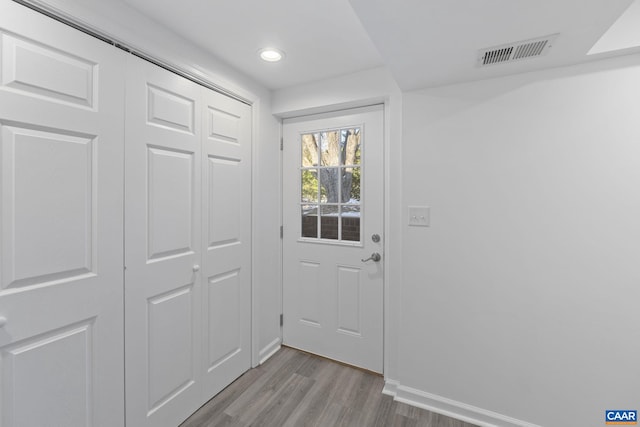 entryway with wood-type flooring