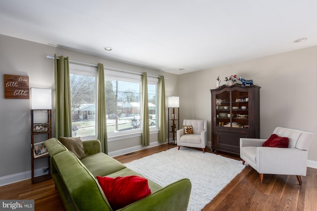 living room featuring dark wood-type flooring