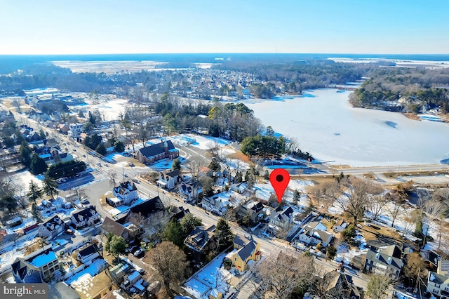 drone / aerial view with a water view