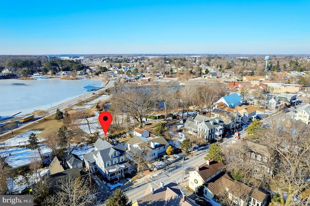 drone / aerial view featuring a water view