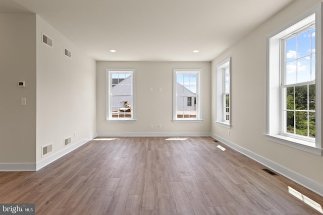 spare room featuring a wealth of natural light and light hardwood / wood-style flooring