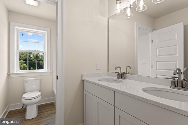 bathroom with toilet, vanity, and hardwood / wood-style flooring