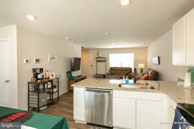 kitchen featuring sink, white cabinetry, kitchen peninsula, and stainless steel dishwasher