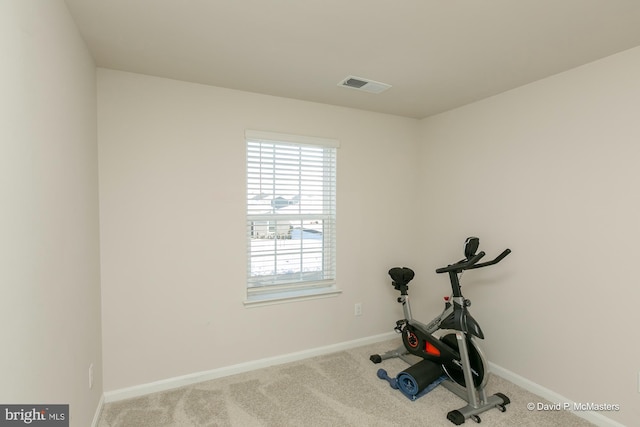 workout area with light colored carpet