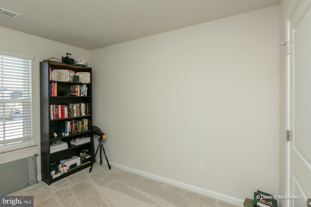 miscellaneous room featuring light carpet