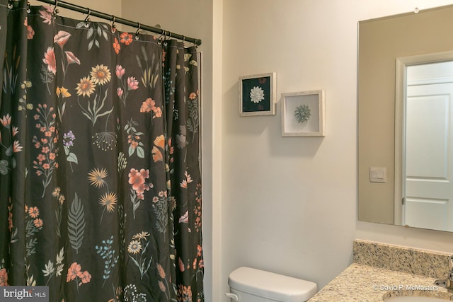 bathroom with toilet, vanity, and walk in shower