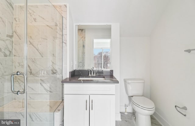 bathroom featuring vanity, toilet, and a shower with door