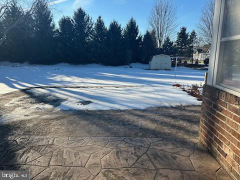 yard covered in snow with a storage unit