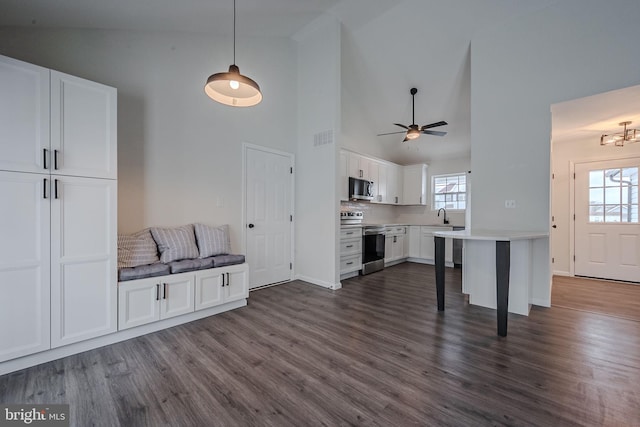 kitchen featuring white cabinetry, hanging light fixtures, appliances with stainless steel finishes, dark wood-type flooring, and high vaulted ceiling