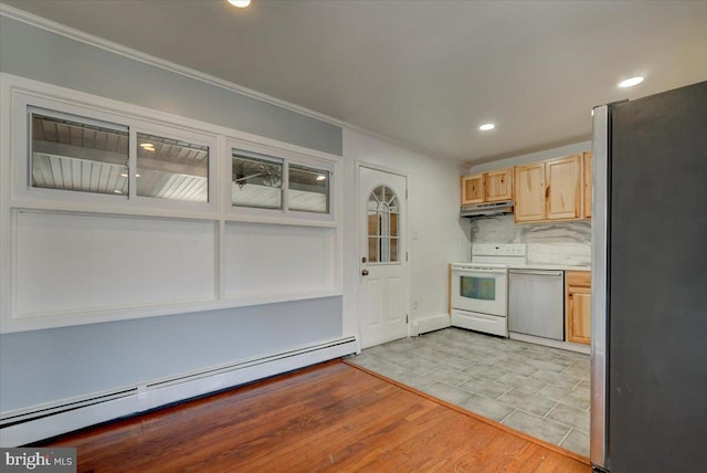 kitchen featuring light wood-type flooring, stainless steel refrigerator, a baseboard radiator, white electric stove, and dishwasher