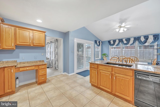 kitchen featuring black dishwasher, sink, vaulted ceiling, ceiling fan, and light stone counters