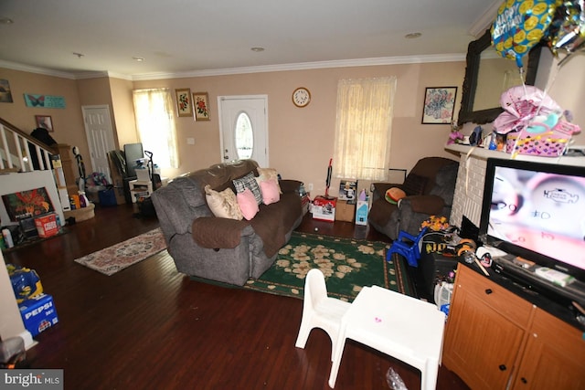 5211 Bosworth Ave, Baltimore, MD 21207 - living area featuring wood finished floors, ornamental molding, and stairs
