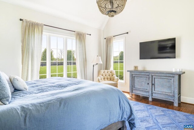 bedroom with dark hardwood / wood-style flooring and vaulted ceiling