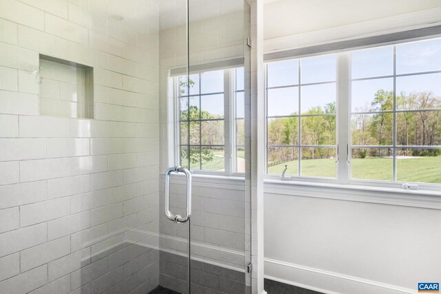 bathroom with a shower with shower door and a wealth of natural light