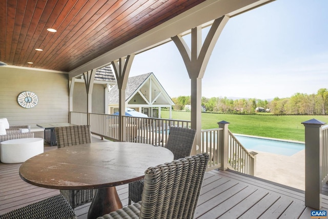 wooden deck featuring a yard and a swimming pool