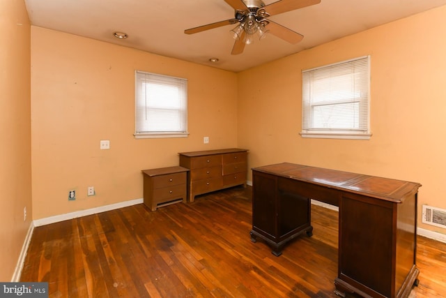 home office featuring ceiling fan, plenty of natural light, and dark hardwood / wood-style floors