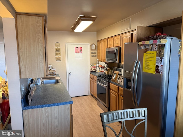 kitchen with appliances with stainless steel finishes, sink, and light hardwood / wood-style floors