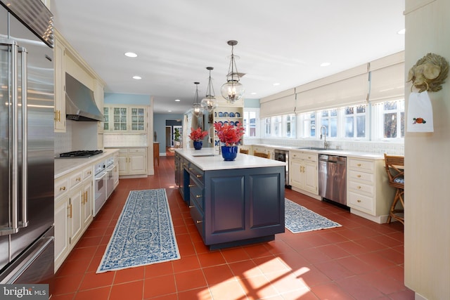 kitchen featuring a sink, light countertops, appliances with stainless steel finishes, exhaust hood, and a wealth of natural light