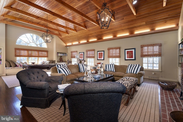 living area featuring wood finished floors, high vaulted ceiling, beam ceiling, wooden ceiling, and a chandelier