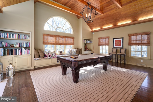 rec room with high vaulted ceiling, plenty of natural light, wood ceiling, and hardwood / wood-style floors