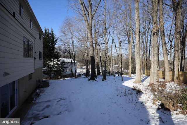 yard layered in snow featuring cooling unit