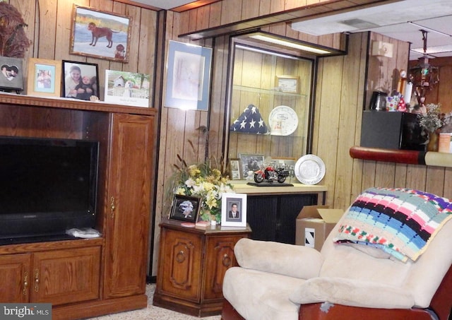 sitting room featuring wood walls