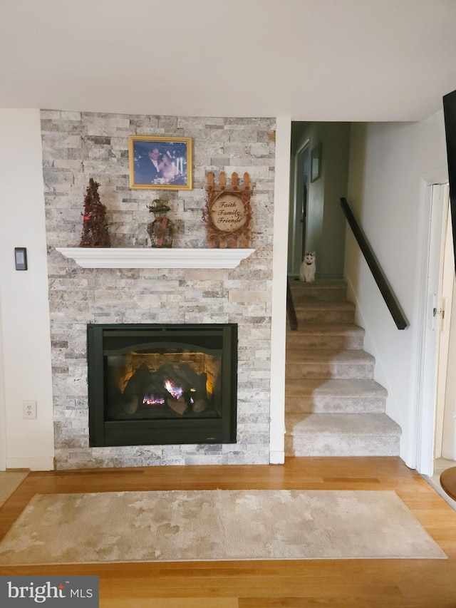 room details featuring a fireplace and hardwood / wood-style floors