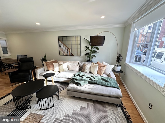 living room with ornamental molding and light hardwood / wood-style floors