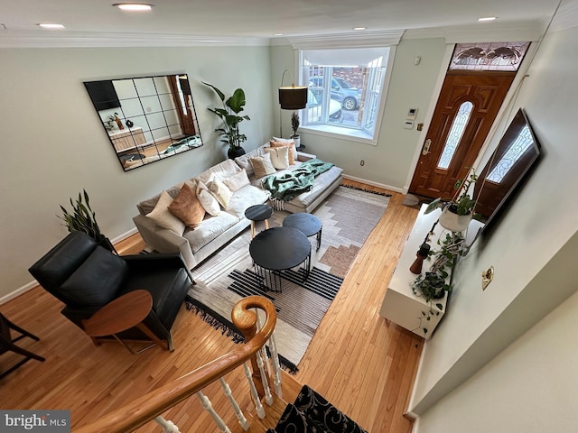 living room featuring hardwood / wood-style floors and ornamental molding