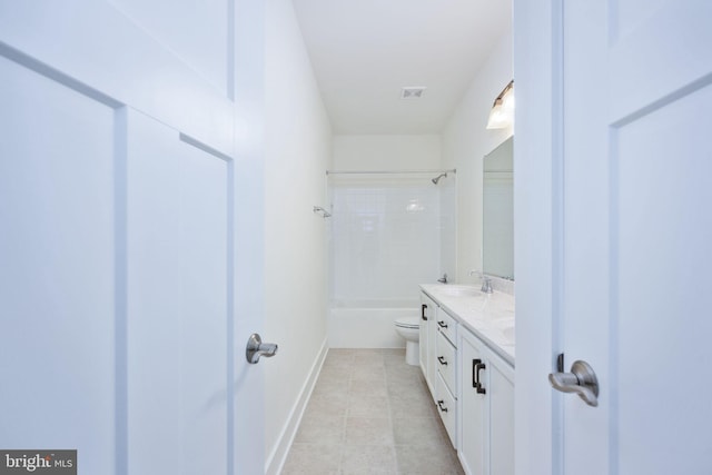 full bathroom featuring tile patterned flooring, vanity, tiled shower / bath combo, and toilet