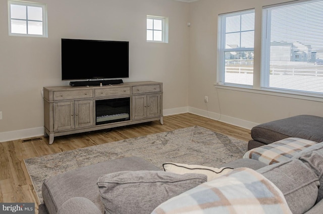 living room featuring plenty of natural light and light hardwood / wood-style floors