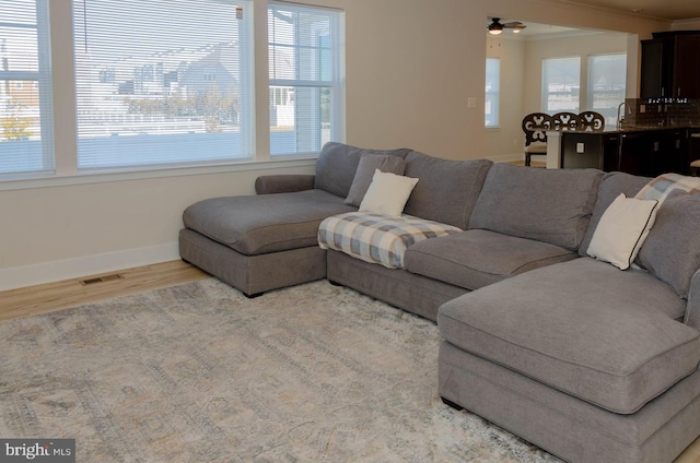 living room with sink, ceiling fan, and light hardwood / wood-style flooring