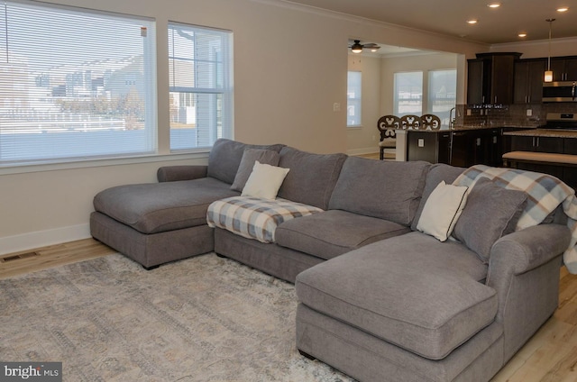 living room featuring ornamental molding and light wood-type flooring