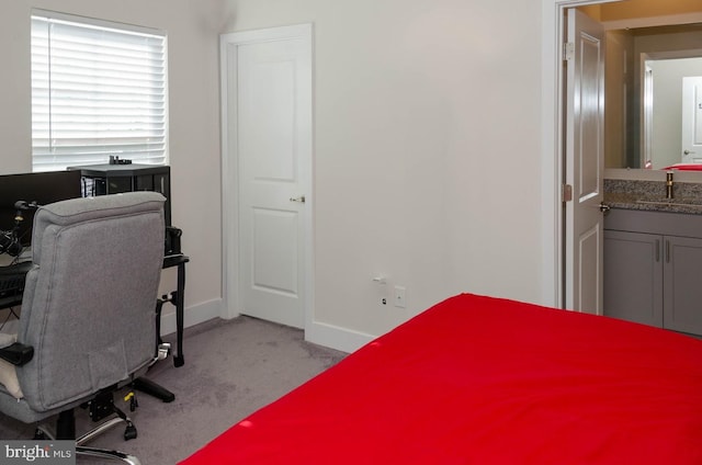 bedroom with sink and light colored carpet