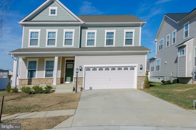 view of front of house featuring a garage, a front yard, covered porch, and central air condition unit