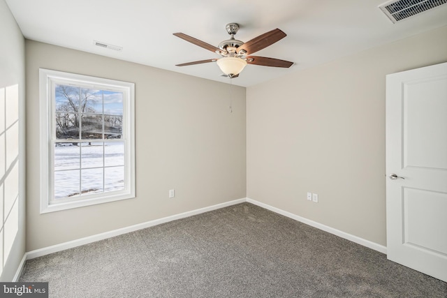 carpeted empty room with ceiling fan and a wealth of natural light