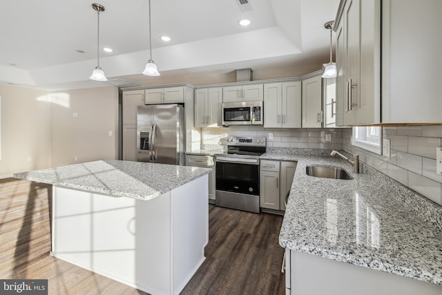 kitchen featuring pendant lighting, a raised ceiling, a center island, sink, and stainless steel appliances