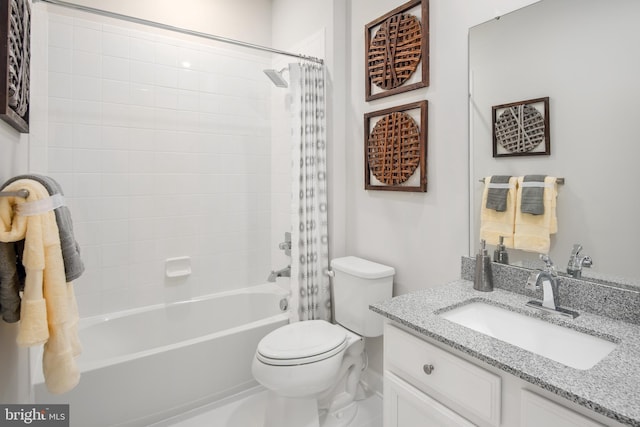 full bathroom with toilet, vanity, and shower / tub combo with curtain