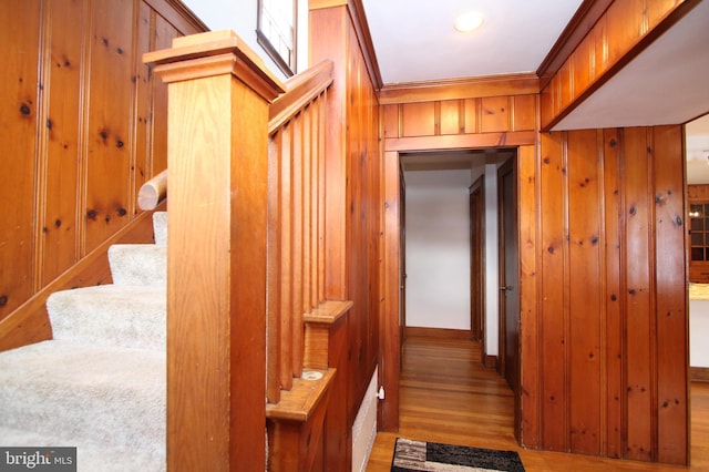 stairway with ornamental molding, wooden walls, and wood-type flooring