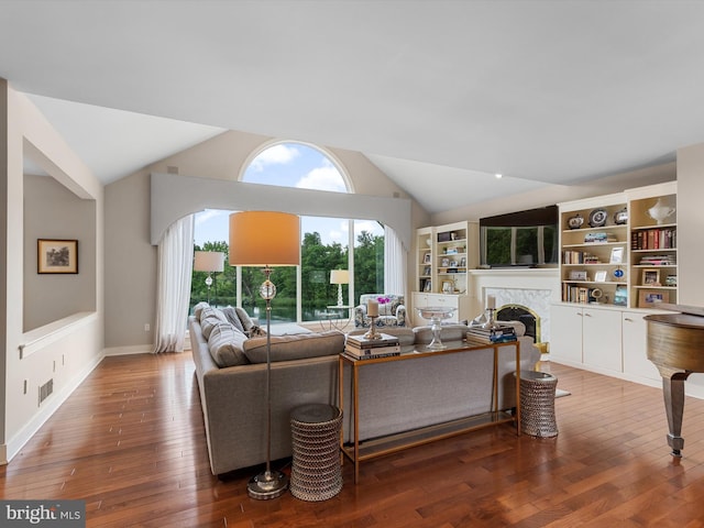 living room with hardwood / wood-style flooring and vaulted ceiling