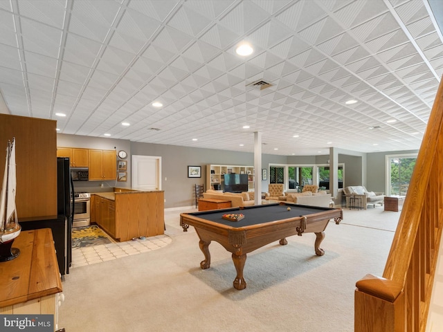 recreation room featuring light colored carpet and billiards