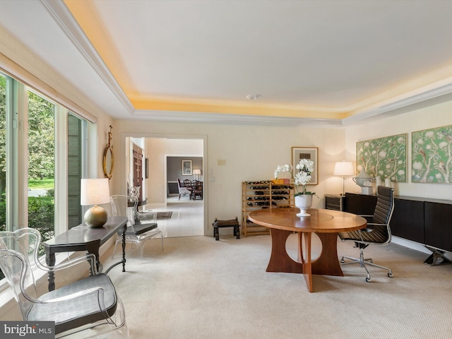 office area featuring light carpet and a raised ceiling