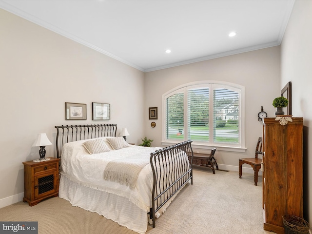 bedroom featuring light carpet and ornamental molding