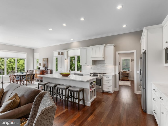 kitchen with white cabinets, appliances with stainless steel finishes, a center island, premium range hood, and a breakfast bar area