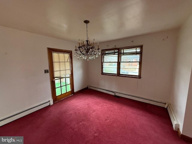 carpeted spare room with a chandelier and a baseboard radiator