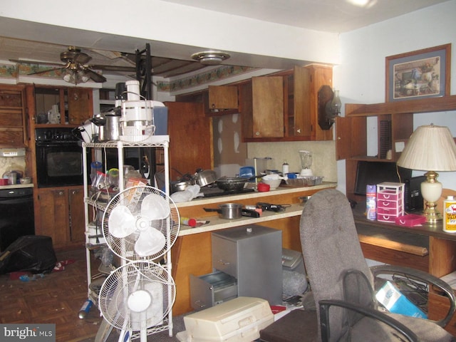 kitchen with black appliances, ceiling fan, and dark parquet flooring