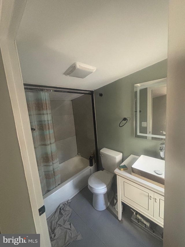 full bathroom featuring toilet, vanity, and shower / bath combination with curtain