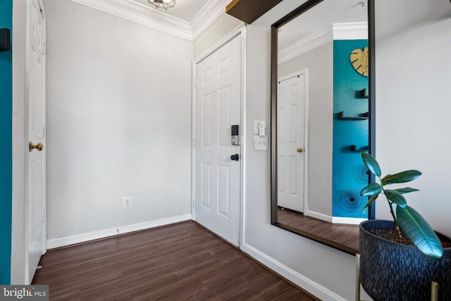 foyer with crown molding and dark wood-type flooring